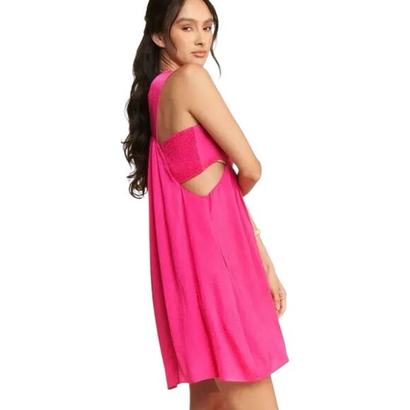 Hot Pink Mini Dress Pocket Washed Satin Cutout Skirt Bandeau | Davi & Dani - Picture 6 of 16